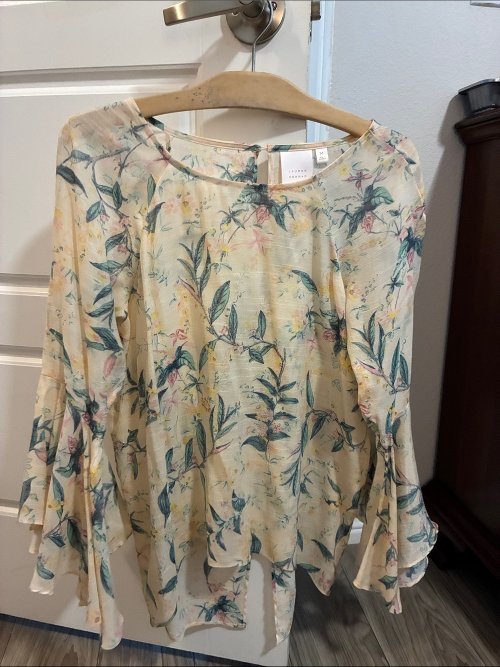 Light Yellow Floral Bell-Sleeve Women's Top